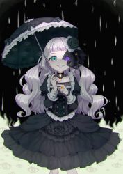 Rule 34 | 1girl, absurdres, akikawa higurashi, black background, black bow, black collar, black dress, blunt bangs, bow, collar, dress, dress bow, evil grin, evil smile, eye print, fangs, feet out of frame, flower, gothic lolita, green eyes, green flower, green rose, grey hair, grin, hair flower, hair ornament, hairclip, heterochromia, highres, holding, holding umbrella, jewelry, juliet sleeves, lace collar, light purple hair, lolita fashion, long hair, long sleeves, looking at viewer, multiple rings, original, pinky ring, puffy sleeves, purple eyes, rain, ring, rose, see-through, sleeve cuffs, smile, solo, standing, straight-on, umbrella, veil, wavy hair, yellow gemstone