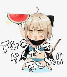 Rule 34 | 1girl, absurdres, ahoge, bare arms, bare legs, barefoot, bikini, blue bikini, breasts, danimaru, eyebrows hidden by hair, fate/grand order, fate (series), food, fruit, hair between eyes, highres, holding, holding food, holding fruit, looking at viewer, okita souji (fate), okita souji (koha-ace), okita souji alter (swimsuit saber) (fate), open mouth, scarf, simple background, smile, solo, swimsuit, watermelon, white background