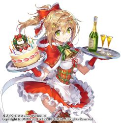 Rule 34 | 1girl, alcohol, apron, bell, blonde hair, boots, bottle, bow, bowtie, breasts, buttons, cake, candle, candlelight, capelet, champagne, champagne bottle, champagne flute, christmas cake, christmas wreath, circle skirt, commentary request, copyright name, cream, cup, dress, drinking glass, elbow gloves, fishnet thighhighs, fishnets, food, frilled skirt, frills, fruit, fur-trimmed dress, fur trim, glass bottle, gloves, green eyes, hair bow, hair ornament, hairclip, highres, hood, hood down, kanpani girls, knee boots, lips, long hair, looking at viewer, medium breasts, pom pom (clothes), ponytail, red dress, red footwear, red gloves, senri gan, short dress, simple background, skirt, smile, solo, star (symbol), star hair ornament, strawberry, thighhighs, tray, waist apron, white background, wreath, zettai ryouiki