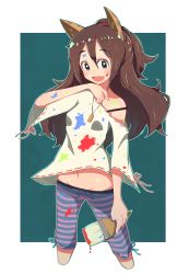 Rule 34 | 1girl, animal ears, black eyes, brown hair, cropped legs, fang, hair between eyes, highres, holding, holding paintbrush, jewelry, kuso tamaki, long hair, navel, necklace, off-shoulder shirt, off shoulder, original, paint on body, paint on clothes, paint splatter, paint splatter on face, paintbrush, ponytail, ribbon-trimmed sleeves, ribbon trim, shirt, shorts, striped clothes, striped shorts, trim brush