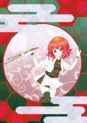 Rule 34 | 1girl, bolo tie, drumsticks, egasumi, gloves, green thighhighs, highres, honeycomb (pattern), honeycomb background, honeycomb pattern, horikawa raiko, mitsudomoe (shape), red eyes, red hair, skirt, smile, solo, thighhighs, timtim0, tomoe (symbol), touhou