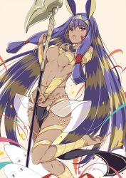 Rule 34 | 1girl, :o, barefoot, bracelet, breasts, dark-skinned female, dark skin, earrings, egyptian, egyptian clothes, facial mark, fate/grand order, fate (series), hairband, hoop earrings, jewelry, long hair, looking at viewer, medjed (fate), multicolored hair, mutou kurihito, nitocris (fate), nitocris (third ascension) (fate), open mouth, purple eyes, purple hair, sidelocks, solo, staff, two-tone hair, underboob, very long hair