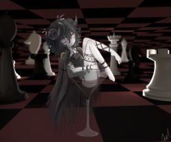 Rule 34 | 1girl, absurdres, aiu ., bad id, bad pixiv id, blood, board game, checkered floor, chess, chess piece, demon, demon girl, glass, hair between eyes, highres, horns, knight (chess), messy hair, original, princess, queen (chess), rook (chess), scenery, short hair, solo