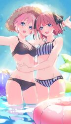 Rule 34 | 2girls, arms at sides, ball, beachball, bikini, black bikini, blue eyes, breasts, butterfly hair ornament, collarbone, go-toubun no hanayome, hair ornament, hands on another&#039;s waist, highres, inflatable toy, innertube, looking at viewer, medium breasts, medium hair, multiple girls, nakano ichika, nakano nino, open mouth, partially submerged, pink hair, purple bikini, short hair, siblings, sisters, standing, striped bikini, striped clothes, swim ring, swimsuit, teeth, thighs, upper teeth only, valentine (02140314c), water