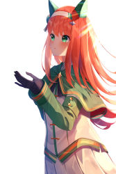 Rule 34 | 1girl, absurdres, animal ears, black gloves, blush, capelet, commentary request, gloves, green capelet, green eyes, hairband, hand up, highres, horse ears, jacket, long hair, long sleeves, looking away, orange hair, parted lips, pleated skirt, silence suzuka (umamusume), simple background, skirt, sleeves past wrists, solo, suisen-21, umamusume, very long hair, white background, white hairband, white jacket, white skirt