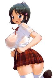 Rule 34 | 1girl, ass, black eyes, black hair, blush, breasts, cowboy shot, highres, large breasts, looking at viewer, looking back, machino henmaru, microskirt, neck ribbon, nipples, no bra, no panties, open mouth, plaid, plaid skirt, pleated skirt, red ribbon, red skirt, ribbon, school uniform, see-through, shirt, short hair, short sleeves, simple background, skirt, smile, solo, standing, thighhighs, tight clothes, undressing, wet, wet clothes, wet shirt, white background, white shirt, white thighhighs, zettai ryouiki