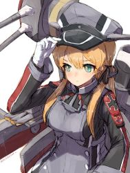 Rule 34 | 1girl, alchera, anchor, anchor hair ornament, aqua eyes, artist name, blonde hair, cannon, cross, expressionless, gloves, hair ornament, hat, iron cross, kantai collection, low twintails, machinery, military, military hat, military uniform, peaked cap, prinz eugen (kancolle), simple background, solo, turret, twintails, uniform, upper body, white background, white gloves