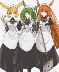 Rule 34 | 3girls, alternate costume, apron, artist name, blonde hair, braid, bright pupils, dress, enmaided, fate/grand order, fate (series), fork, geirskogul (fate), green hair, head wings, long dress, long hair, maid, maid apron, maid headdress, multiple girls, olrun (fate), orange hair, red eyes, rindr (fate), smile, spoon, table knife, twintails, uhana, valkyrie (fate), white pupils, wings
