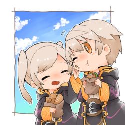 Rule 34 | 1boy, 1girl, blush, burger, closed eyes, cloud, commentary request, day, eating, fire emblem, fire emblem awakening, fire emblem heroes, food, holding, holding food, hood, hood down, hooded jacket, jacket, nintendo, one eye closed, open mouth, robin (female) (fire emblem), robin (fire emblem), robin (male) (fire emblem), sandwich, shunrai, sky, twintails, white hair, yellow eyes