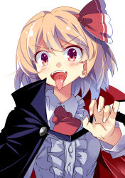 Rule 34 | &gt;:d, 1girl, :d, ascot, blonde hair, blush, breasts, cape, claw pose, collared shirt, dress shirt, e.o., fangs, frilled shirt, frills, hair ribbon, halloween, highres, medium breasts, open mouth, red eyes, ribbon, rumia, shirt, short hair, smile, solo, tongue, tongue out, touhou, v-shaped eyebrows, vampire costume