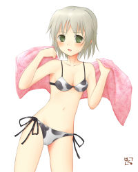 Rule 34 | 00s, 1girl, animal print, bikini, blush, breasts, cleavage, cow print, dutch angle, female focus, green eyes, hanyu, navel, open mouth, sanya v. litvyak, short hair, side-tie bikini bottom, signature, silver hair, simple background, small breasts, solo, strike witches, string bikini, swimsuit, towel, world witches series