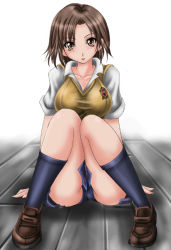 Rule 34 | 1girl, blush, brown eyes, brown hair, kazama asuka, namco, school uniform, sitting, skirt, solo, tekken, upskirt