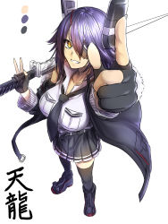 Rule 34 | 1girl, absurdres, amatlas, breasts, coat, eyepatch, gloves, grin, highres, kantai collection, large breasts, necktie, over shoulder, partially fingerless gloves, pleated skirt, pointing, pointing up, purple hair, skirt, smile, solo, sword, tenryuu (kancolle), tenryuu kai ni (kancolle), thighhighs, weapon, weapon over shoulder, white background, yellow eyes