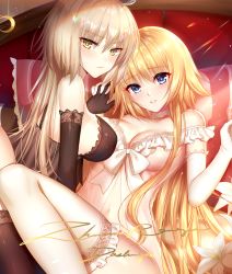 Rule 34 | 2girls, ahoge, babydoll, bad id, bad pixiv id, bare shoulders, black gloves, blonde hair, blue eyes, blush, bow, breasts, cleavage, collarbone, commentary request, crescent, dress, elbow gloves, fate/apocrypha, fate/grand order, fate (series), flower, gloves, hair between eyes, head tilt, highres, holding hands, interlocked fingers, jeanne d&#039;arc (fate), jeanne d&#039;arc (ruler) (fate), jeanne d&#039;arc alter (avenger) (fate), jeanne d&#039;arc alter (fate), large breasts, light brown hair, long hair, looking at viewer, looking to the side, lying, mallizmora, multiple girls, navel, on back, parted lips, pillow, thighhighs, very long hair, white bow, white flower, white gloves, white legwear, yellow eyes