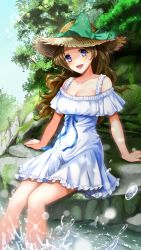 Rule 34 | 1girl, :d, arm support, blue eyes, blue ribbon, bow, breasts, brown hair, cleavage, collarbone, curly hair, day, doukyuusei another world, dress, frilled dress, frills, game cg, green bow, hat, hat bow, kakyuusei 2, long hair, looking at viewer, medium breasts, off-shoulder dress, off shoulder, official art, open mouth, outdoors, rei no himo, ribbon, shirai yuuri, short dress, short sleeves, sitting, smile, soaking feet, solo, straw hat, sun hat, sundress, very long hair, water, white dress, yellow hat