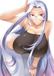 Rule 34 | 1girl, armpits, bare shoulders, bent over, breasts, covered erect nipples, denim, female focus, g gundam, glasses, gundam, haganef, haganesan, hanging breasts, huge breasts, jeans, leaning forward, long hair, looking at viewer, pants, purple hair, red eyes, shirt, simple background, smile, solo, thigh gap, very long hair, white background