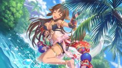 Rule 34 | 1girl, ^ ^, animal ears, animal hands, antenna hair, barefoot, bikini, bikini top only, blush, breasts, brown hair, cleavage, closed eyes, cygames, day, dog ears, dog girl, fang, feet, from side, gloves, kaori (princess connect!), long hair, medium breasts, midriff, official art, open mouth, outdoors, palm tree, princess connect!, short shorts, shorts, smile, solo, splashing, standing, standing on one leg, swimsuit, tail, tree, wading, water, water drop