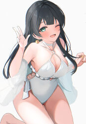 Rule 34 | 1girl, agano (kancolle), black hair, blush, breasts, casual one-piece swimsuit, choker, cosplay, cross-laced clothes, cross-laced one-piece swimsuit, cutout above navel, earrings, food-themed earrings, food themed earrings, frilled one-piece swimsuit, frills, green eyes, jewelry, kantai collection, large breasts, lemon earrings, long hair, looking at viewer, o-ring, o-ring swimsuit, one-piece swimsuit, one eye closed, open mouth, ranran 3939, sagiri (kancolle), sagiri (kancolle) (cosplay), shawl, side-tie swimsuit, smile, solo, swimsuit, white choker, white one-piece swimsuit, white shawl