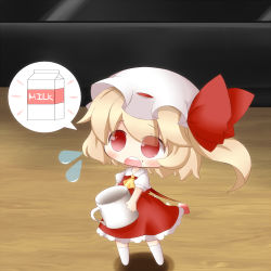 Rule 34 | &gt; &lt;, 1girl, :d, :o, ascot, bad id, bad pixiv id, blonde hair, blush, chibi, closed eyes, cocozasa, cup, female focus, flandre scarlet, flying sweatdrops, food, food on face, hat, hat ribbon, holding, milk carton, mini person, minigirl, open mouth, ribbon, shirt, side ponytail, skirt, skirt set, smile, solo, speech bubble, spoken object, standing, touhou, wings