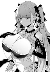 Rule 34 | azur lane, between breasts, breast hold, breasts, byte (allbyte), cleavage, dress, formidable (azur lane), frilled dress, frills, greyscale, hair ribbon, highres, large breasts, long hair, monochrome, ribbon, simple background, solo, twintails, upper body, very long hair, white background