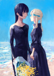 Rule 34 | 2girls, black dress, black hair, blue bow, blunt bangs, bouquet, bow, closed eyes, day, dress, dyuba000, facing another, flower, hair bow, highres, holding, holding bouquet, holding hands, long hair, long sleeves, looking at another, multiple girls, ocean, original, outdoors, twintails