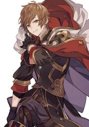 Rule 34 | 1boy, a082, brown armor, brown eyes, brown hair, cloak, cowboy shot, gran (granblue fantasy), granblue fantasy, holding, holding clothes, image sample, looking at viewer, male focus, short hair, simple background, smile, solo, twitter sample, white background, white cloak