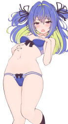 Rule 34 | 1girl, blush, bow, bow panties, bra, breasts, colored inner hair, commentary request, green eyes, green hair, hair intakes, highres, hiyoku no crosspiece, medium bangs, mole, mole on body, mole on stomach, mole under eye, multicolored hair, nanashi inc., navel, open mouth, panties, pink eyes, purple bra, purple hair, purple panties, simple background, small breasts, solo, suzumi nemo, temari rin, two-tone hair, two side up, underwear, underwear only, virtual youtuber, white background