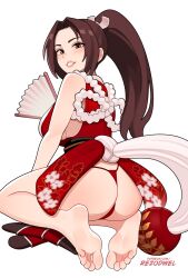 Rule 34 | 1girl, ass, barefoot, blush, brown eyes, brown hair, fatal fury, feet, hand fan, highres, long hair, looking at viewer, panties, parted lips, ponytail, rezodwel, shiranui mai, soles, toes, underwear, unworn socks