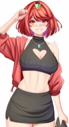 Rule 34 | 1girl, anisdrawn, breasts, cleavage, cleavage cutout, clothing cutout, crop top, grin, heart cutout, highres, holding, holding wallet, jacket, jewelry, looking at viewer, medium breasts, miniskirt, navel, open clothes, open jacket, pendant, pyra (xenoblade), red eyes, red hair, red jacket, short hair, skirt, smile, solo, teeth, tiara, wallet, white background, women&#039;s wallet, xenoblade chronicles (series), xenoblade chronicles 2