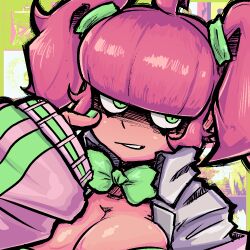 Rule 34 | 1girl, blunt bangs, bow, bowtie, breasts, cleavage, close-up, green bow, green bowtie, green eyes, green nails, grin, large breasts, looking at viewer, original, parted lips, pink hair, short hair, short twintails, smile, solo, th3k1d, twintails, upper body