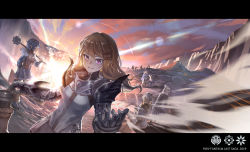Rule 34 | 1boy, 5girls, armor, axe, backlighting, blonde hair, breastplate, centaur, cloud, commentary, copyright name, fantasy, fur trim, gauntlets, grin, hair ornament, hair ribbon, hairband, hand up, hat, highres, hill, lens flare, letterboxed, long hair, looking at viewer, looking back, mace, multiple girls, original, over shoulder, pauldrons, peaked cap, pixiv fantasia, pixiv fantasia last saga, purple eyes, ribbon, scar, scar on face, short hair, shoulder armor, silhouette, silver hair, sitting, sky, smile, staff, sunlight, sunset, taur, waving, weapon, weapon over shoulder, witch hat, x hair ornament, yuushoku