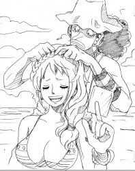 Rule 34 | 1boy, 1girl, bikini, bikini top only, black hair, breasts, cleavage, closed eyes, day, earphones, earrings, expressionless, friends, goggles, grin, hand up, hat, jewelry, kyakya, large breasts, long hair, long nose, looking at another, nami (one piece), one piece, open mouth, overalls, smile, swimsuit, talking, upper body, usopp