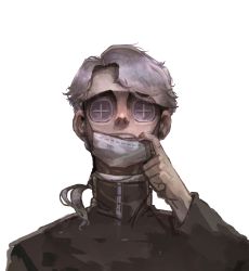 Rule 34 | + +, 1boy, absurdres, aesop carl, bandaged neck, bandages, black eyes, black shirt, button eyes, buttons, gilmang, grey hair, hand up, high collar, highres, identity v, long sleeves, looking at viewer, male focus, mask, mask pull, medium hair, mouth mask, open mouth, ponytail, shirt, simple background, sketch, solo, straight-on, teeth, upper body, white background