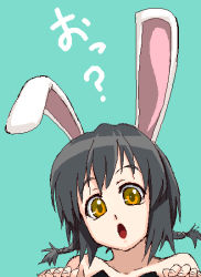 Rule 34 | 1girl, :o, animal ears, aqua background, bare shoulders, black hair, braid, collarbone, green background, looking at viewer, niwa zen, open mouth, original, rabbit ears, short hair, simple background, solo, surprised, twin braids, yellow eyes