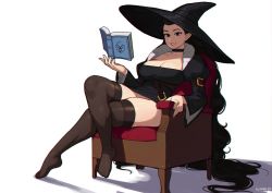 Rule 34 | 1girl, absurdly long hair, armchair, belt, black choker, black dress, black eyes, black hair, black hat, black leather, black thighhighs, book, breasts, chair, choker, commentary, crossed legs, dress, english commentary, floating, floating book, floating object, full body, hat, juliet sleeves, large breasts, long hair, long sleeves, looking at viewer, mole, mole under eye, mole under mouth, no panties, no shoes, open book, original, parted lips, plantar flexion, pointy ears, puffy sleeves, short dress, simple background, sitting, smile, solo, sunna (nilsunna), thighhighs, very long hair, wavy hair, white background, witch hat, zettai ryouiki