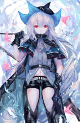 Rule 34 | 1girl, absurdres, arknights, arm up, belt, black cape, black gloves, black hat, black legwear, blue theme, breasts, cape, closed mouth, commentary, cowboy shot, fish, gloves, hair between eyes, hat, highres, long hair, looking at viewer, midriff peek, navel, red eyes, sheya, shirt, short sleeves, shorts, signature, silver hair, skadi (arknights), small breasts, solo, sparkle, standing, symbol-only commentary, thighs, very long hair, water drop, white shirt