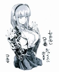 Rule 34 | 10s, 1girl, blunt bangs, breasts, commentary request, cowboy shot, dagashi kashi, fingernails, flower, greyscale, hair flower, hair ornament, hairband, hands up, highres, kotoyama, large breasts, long fingernails, long hair, long sleeves, looking at viewer, monochrome, ringed eyes, shidare hotaru, shirt, sidelocks, skirt, sleeves past wrists, smile, solo, translation request, white background
