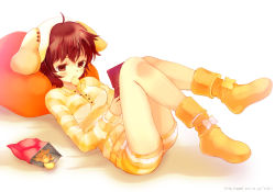 Rule 34 | 1girl, animal ears, blush, brown eyes, brown hair, chips (food), food, handheld game console, mouth hold, nintendo ds, original, rabbit ears, short shorts, shorts, solo, takeda mika