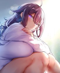 Rule 34 | 1girl, ahoge, breast press, breasts, brown hair, covering own mouth, crossed arms, dress, hair between eyes, haruto (pokoten), large breasts, long hair, looking at viewer, original, pokoten (pokoten718), purple eyes, sitting, sleeves past wrists, solo, sweater, sweater dress, thighs, white sweater