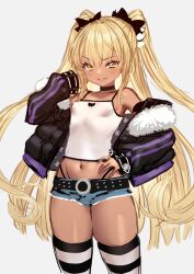 Rule 34 | 1girl, blonde hair, blush, breasts, dark-skinned female, dark skin, grin, hand on own hip, highres, jacket, long hair, looking at viewer, midriff, navel, original, shorts, small breasts, smile, solo, striped clothes, striped thighhighs, thighhighs, twintails, unworn jacket, yapo (croquis side), yellow eyes