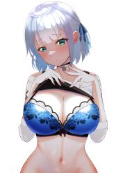 Rule 34 | 1girl, absurdres, blue bra, blush, bow, bow bra, bra, braid, breasts, choker, cleavage, closed mouth, clothes lift, collarbone, floral print, french braid, frown, green eyes, groin, head tilt, highres, hololive, lace, lace-trimmed bra, lace trim, large breasts, linea alba, looking at viewer, medium hair, melow menow, navel, off-shoulder sweater, off shoulder, shirogane noel, silver hair, simple background, snowflake choker, solo, sweater, sweater lift, underwear, upper body, virtual youtuber, white background