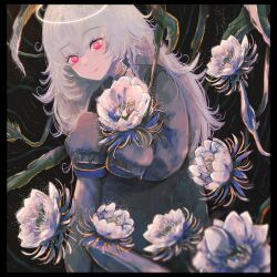 Rule 34 | 1girl, black background, black sailor collar, black skirt, closed mouth, collared shirt, commentary request, eyelashes, flower, flower request, grey shirt, halo, highres, holding, holding flower, indie virtual youtuber, itigo itika, long hair, long sleeves, looking at viewer, pink eyes, plant, ranko no ane, sailor collar, school uniform, shirt, skirt, sleeves past fingers, sleeves past wrists, smile, solo, vines, virtual youtuber, white flower, white hair