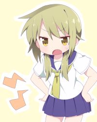 Rule 34 | 1girl, angry, bad id, bad pixiv id, blonde hair, blue skirt, blush, hair over shoulder, hands on own hips, ichii yui, long hair, looking at viewer, low twintails, necktie, open mouth, pleated skirt, school uniform, school uniform (yuyushiki), serafuku, short sleeves, simple background, skirt, solo, standing, sweatdrop, twintails, yasakana tooi, yellow background, yellow eyes, yellow necktie, yuyushiki