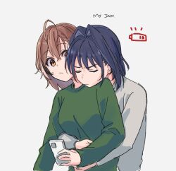 Rule 34 | 2girls, ahoge, black hair, blue hair, brown eyes, brown hair, cellphone, closed eyes, closed mouth, green sweater, hair intakes, holocouncil, hololive, hololive english, hug, hug from behind, kisuu (oddnumberr ), long sleeves, multicolored hair, multiple girls, nanashi mumei, ouro kronii, phone, recharging, short hair, sidelocks, simple background, streaked hair, sweater, upper body, virtual youtuber, waist hug, white background, white sweater