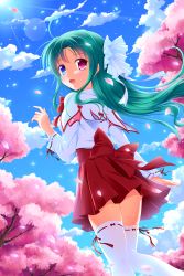 Rule 34 | 1girl, :d, bashen chenyue, blue eyes, blue sky, blush, bow, capelet, cherry blossoms, cloud, commentary request, day, flower, green hair, hair ribbon, heterochromia, highres, long hair, long sleeves, looking at viewer, looking back, open mouth, original, outdoors, petals, pink flower, pleated skirt, purple eyes, red bow, red skirt, ribbon, ribbon-trimmed legwear, ribbon-trimmed sleeves, ribbon trim, shirt, skirt, sky, smile, solo, thighhighs, tree, very long hair, white capelet, white ribbon, white shirt, white thighhighs, wide sleeves
