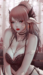Rule 34 | 1girl, au ra, black panties, blue eyes, blurry, blurry background, breasts, brown hair, choker, cleavage, commentary, dragon horns, dragon tail, earrings, english commentary, eyeshadow, final fantasy, final fantasy xiv, horns, jewelry, large breasts, lips, lipstick, long hair, looking at viewer, makeup, outdoors, panties, plexi, ponytail, scales, sitting, solo, soranamae, spaghetti strap, swept bangs, tail, underwear