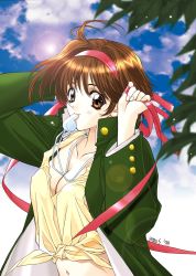 Rule 34 | 1girl, artist name, blue sky, blush, breasts, brown eyes, brown hair, cleavage, collarbone, dated, covered erect nipples, eyebrows, female focus, fingernails, hair ornament, hair ribbon, hairband, hands up, highres, long sleeves, looking at viewer, navel, outdoors, ribbon, short hair, sky, smile, solo, suzuhira hiro, whistle