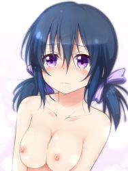Rule 34 | 1girl, black hair, blush, breasts, collarbone, crying, crying with eyes open, d-frag!, doria (p f dolia), female focus, frown, funabori, hair between eyes, hair ribbon, looking away, low twintails, medium breasts, nipples, nose blush, outline, purple eyes, purple ribbon, ribbon, short twintails, solo, tears, topless frame, twintails, upper body, wavy mouth, white background