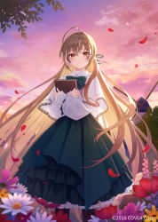 Rule 34 | 1girl, ahoge, azuuru, blurry, book, brown eyes, brown hair, capelet, cloud, cloudy sky, collared shirt, cosmos (flower), daisy, depth of field, dress, falling leaves, field, fingernails, flower, flower field, frilled sleeves, frills, green ribbon, green skirt, hair ornament, hair ribbon, hairclip, highres, hololive, hololive english, layered skirt, leaf, long hair, long skirt, looking at viewer, multicolored hair, nanashi mumei, official alternate costume, official art, overskirt, parted lips, puffy sleeves, ribbon, shirt, skirt, sky, solo, streaked hair, tree, twilight, very long hair, virtual youtuber, white capelet, white shirt, windmill