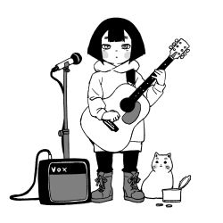Rule 34 | 1girl, acoustic guitar, amplifier, biwa (heike monogatari), blush stickers, boots, bowl cut, can, cat, coin, contemporary, expressionless, full body, greyscale, guitar, heike monogatari, heterochromia, highres, hood, hoodie, instrument, long hoodie, microphone, microphone stand, monochrome, onsen tamago (hs egg), open can, short hair, simple background, white background